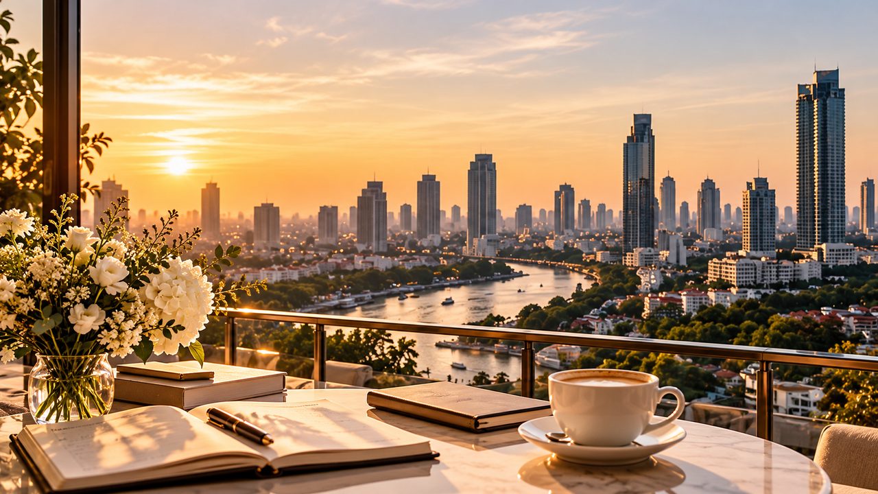 Illustrative view of the Bangkok skyline and Chao Phraya River at sunset, seen from a terrace table with fresh white flowers, an open notebook and a cup of coffee