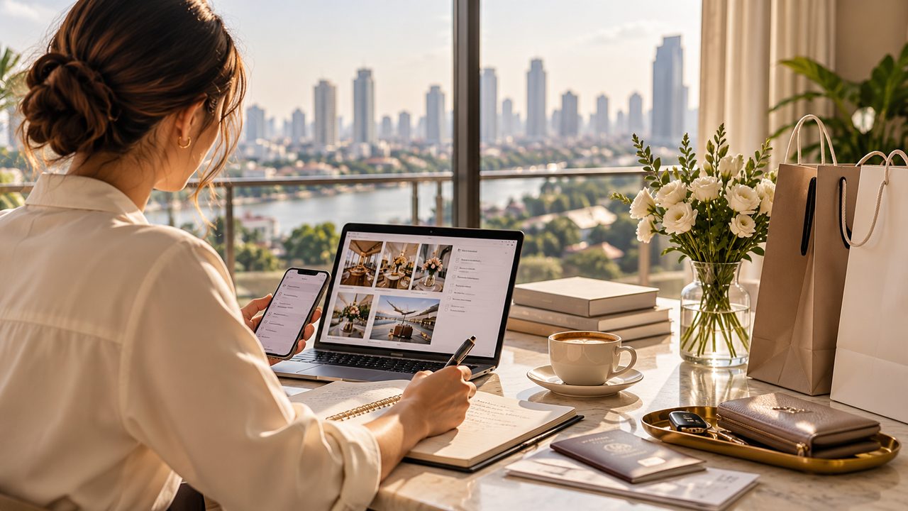 A concierge planning a client's day at a sunlit desk overlooking the Bangkok skyline and Chao Phraya River, with a laptop, smartphone, notebook, coffee, fresh flowers and shopping bags